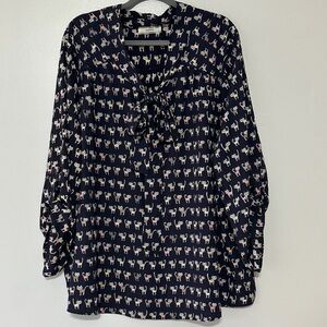 Poema Novelty Cat Print Tie Neck Blouse Size 4x